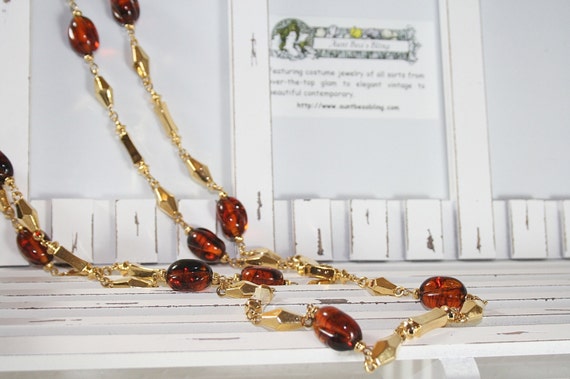 Runway Necklace Amber Colored Glass Beads Flapper… - image 1
