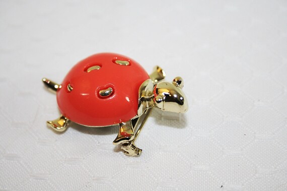 Orange Turtle Pin Brooch Orange  Goldtone Accents… - image 2