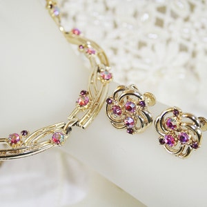 Pink Aurora Borealis Rhinestone Necklace Earring Set Vintage Wedding Jewelry Gifts for Her