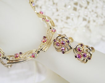 Pink Aurora Borealis Rhinestone Necklace Earring Set Vintage Wedding Jewelry Gifts for Her