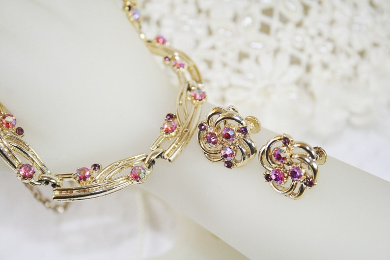 Pink Aurora Borealis Rhinestone Necklace Earring Set Vintage Wedding Jewelry Gifts for Her image 1