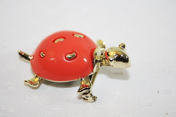 Orange Turtle Pin Brooch Orange  Goldtone Accents… - image 4