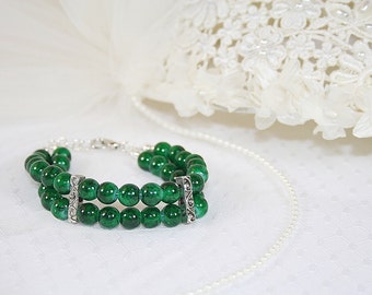 Classic Two Strand Faux Azurite Malachite Bead Bracelet Handcrafted Deep Green Bracelet