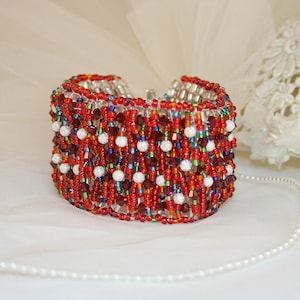 Dazzling Red Beaded Cuff Bracelet Accented with Crystals and Silver Plated Stardust Beads Perfect for an Evening Out