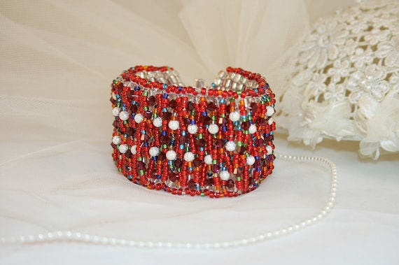 Red Beaded Cuff Bracelet with Crystals and Stardust Beads Artisan Statement Boho Jewelry