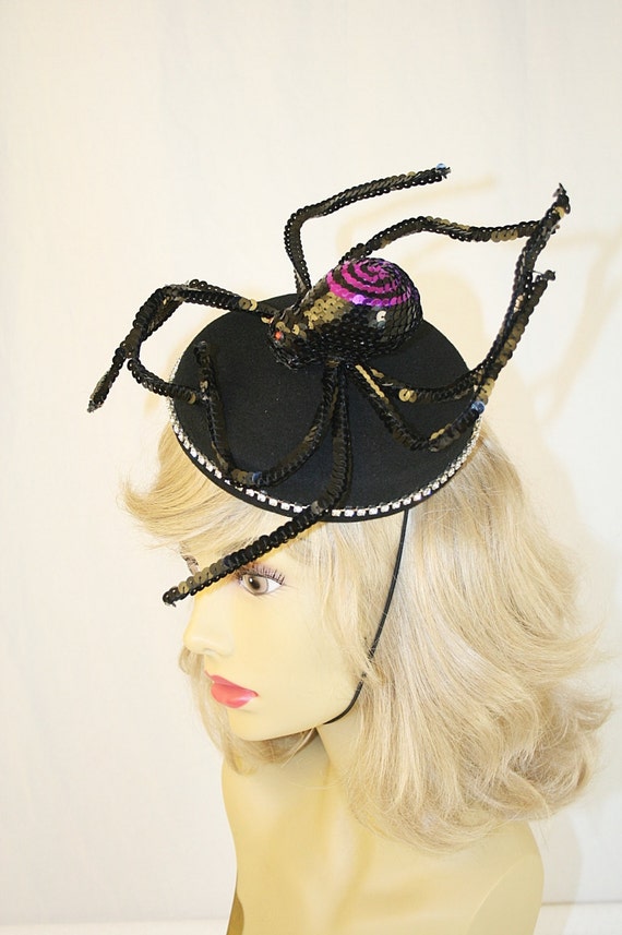 Black Pillbox Sequin Spider Halloween Hat Rhinestones Cocktail Hat Party Hat Halloween Fun Hat