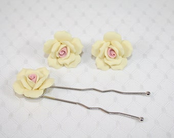 Yellow Pink Rose Hair Pin Earring Set Handcrafted Wedding Hair Accessories Yellow Rose Earrings Bridal Party Accessories