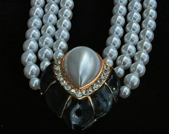 Faux Pearl Rhinestone Triple Strand Necklace Earring Set Wedding  Special Occasion Vintage