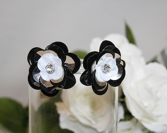 Elegant Black Silver and White Sequin Flower Earrings Rhinestone Centers Perfect For Any Occasion Wedding Earrings Special Occasion