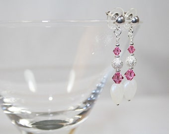 White Heart Dangle Earrings Valentines Earrings Pink Crystal Wedding Earrings Bridesmaid Earrings Sweet Heart Earrings Gifts For Her