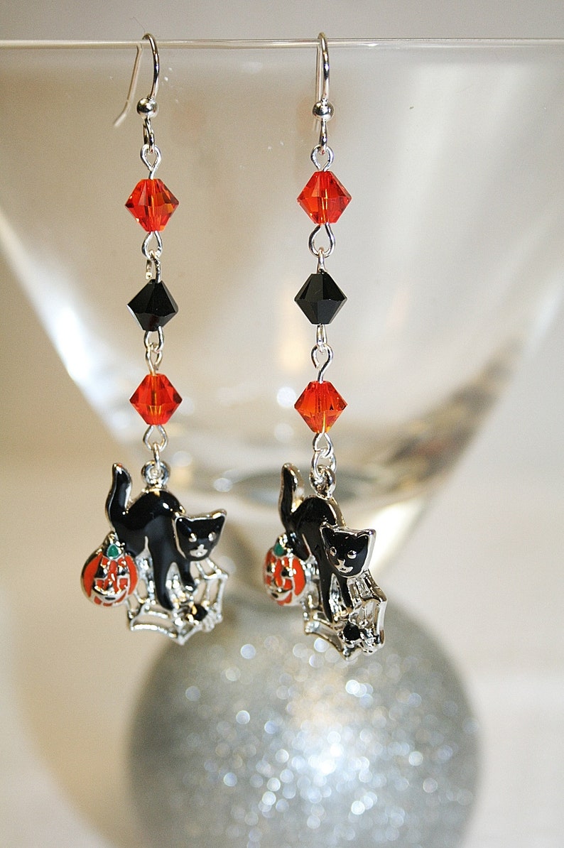 Black Cat Halloween Earrings Halloween Dangle Earrings Black Etsy