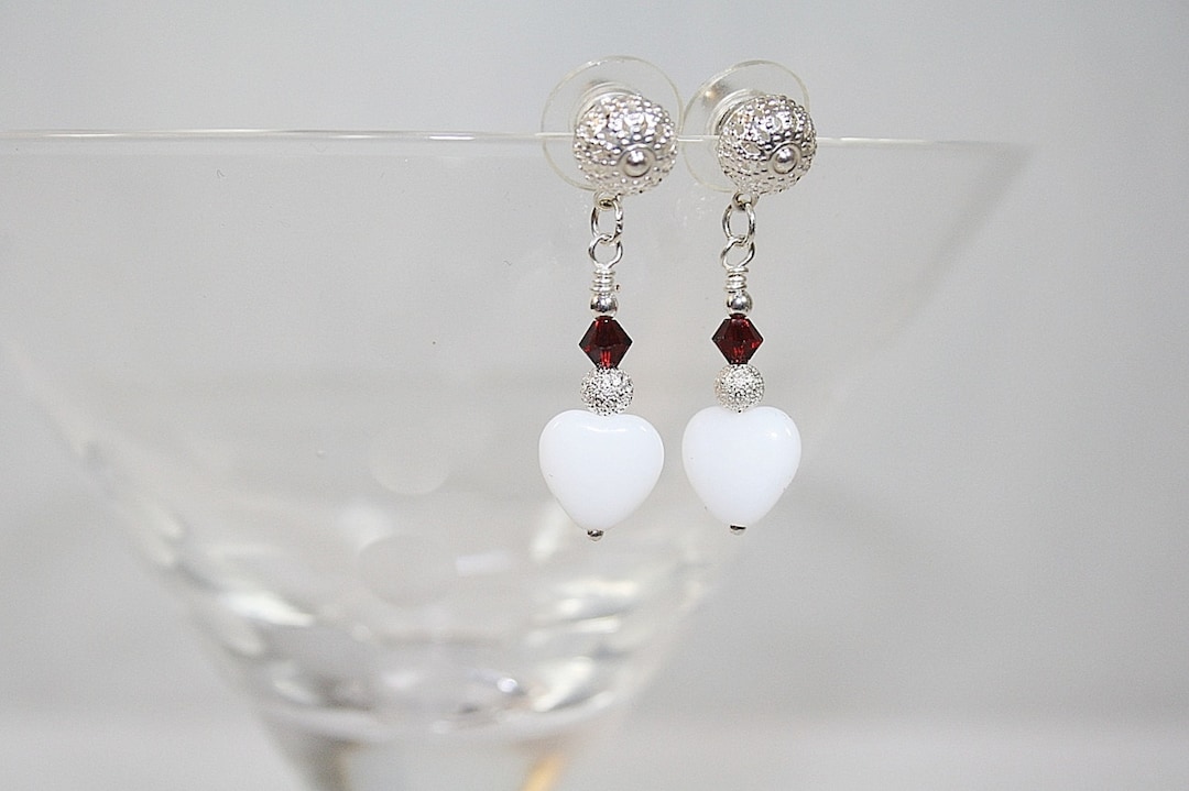 White Heart Dangle Earrings Valentines Day Earrings White Heart Wedding
