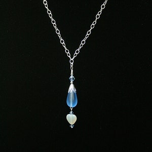 Blue Glass Drop Cream Heart Necklace Swarovski Crystal Accents Perfect for Wedding or Any Occasion Handcrafted