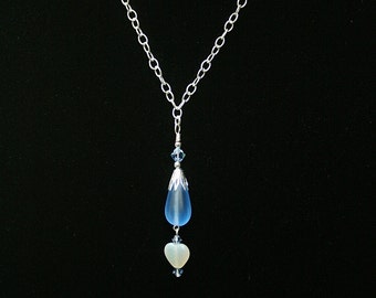 Blue Glass Drop Cream Heart Necklace Swarovski Crystal Accents Perfect for Wedding or Any Occasion Handcrafted