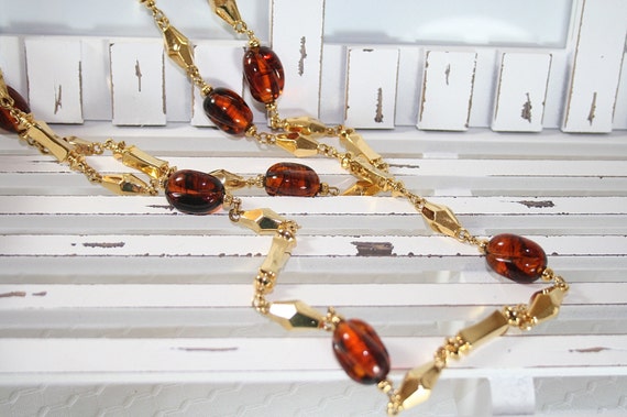 Runway Necklace Amber Colored Glass Beads Flapper… - image 2