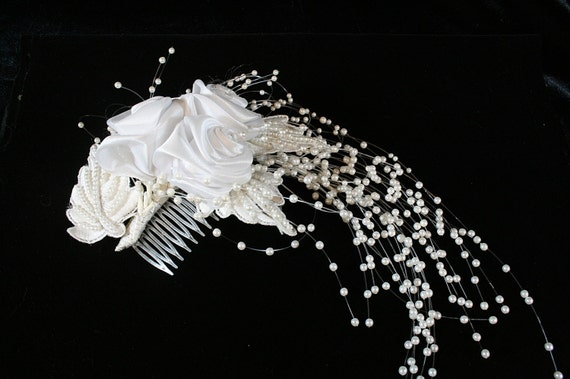 Vintage Bridal Faux Pearl Roses Beaded Hair Comb … - image 3