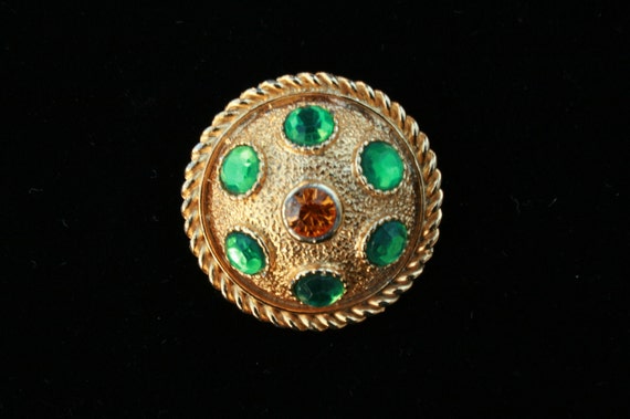 Vintage 1970s Mod Rhinestone Pin Brooch Emerald G… - image 7