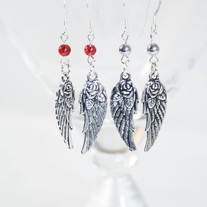 Antiqued Silvertone Angel Wing Dangle Earrings Red Bead Metallic Silver Bead Earrings Perfect for any Occasion