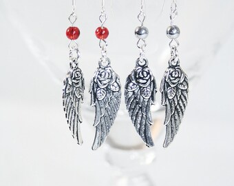 Antiqued Silvertone Angel Wing Dangle Earrings Red Bead Metallic Silver Bead Earrings Perfect for any Occasion