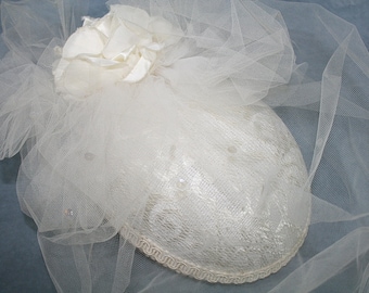 Vintage Wedding Ecru Lace Tulle Hat Fabric Rose Sequins Whittall & Javits  Wedding Garden Party Kentucky Derby Steeplechase