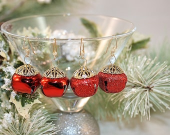 Red Jingle Bell Earrings with Gold Plated Ear Wires Gifts for Her Winter Earrings Holiday Earrings Stocking Stuffers Shop Small