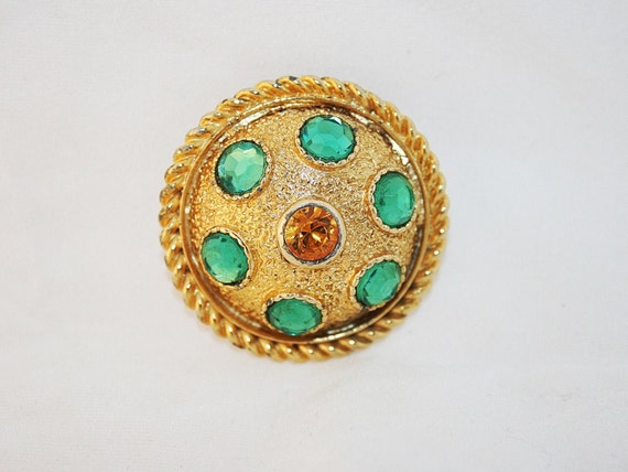 Vintage 1970s Mod Rhinestone Pin Brooch Emerald G… - image 3