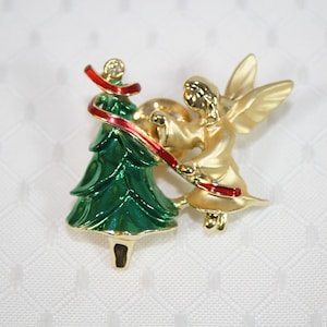 Angel and Christmas Tree Lapel Pin Goldtone Angel Pin Vintage Christmas Pin image 1