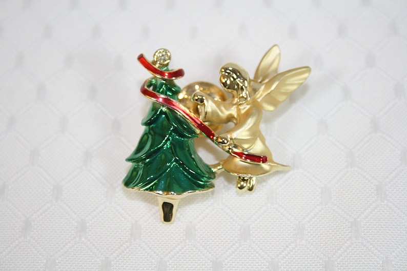 Angel and Christmas Tree Lapel Pin Goldtone Angel Pin Vintage Christmas Pin image 1