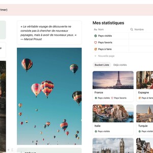 May include: A digital dashboard interface titled Mes voyages featuring a travel tracker with statistics, a bucket list of countries including France, Spain, and the USA, and images of hot air balloons and a bicycle on a path with a sign reading Follow That Dream.