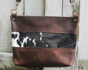 Handmade Cowhide Panel Leather Zippered Cross Body Bag - Rustic Chic Ranch Style Handmade in North Carolina