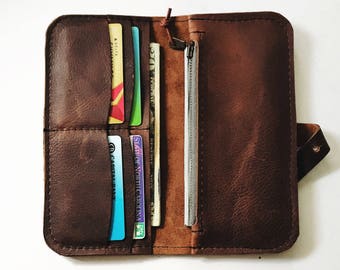 Leather Check Wallet with Zip Pouch | READY TO SHIP | Checkbook Wallet | Black Wallet | Hawks and Doves Organizer Handmade in usa