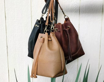 Drawstring Bucket Bag Tote | Leather Bucket Bag | Leather Drawstring | Leather Bag| Leather Tote | Black Leather | Camel Leather