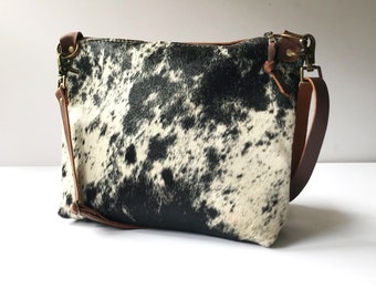 Handmade Cowhide Leather Zippered Cross Body Tote Bag Made in USA LORETTA Multiple Cowhide Options - Southwestern Yellowstone Style