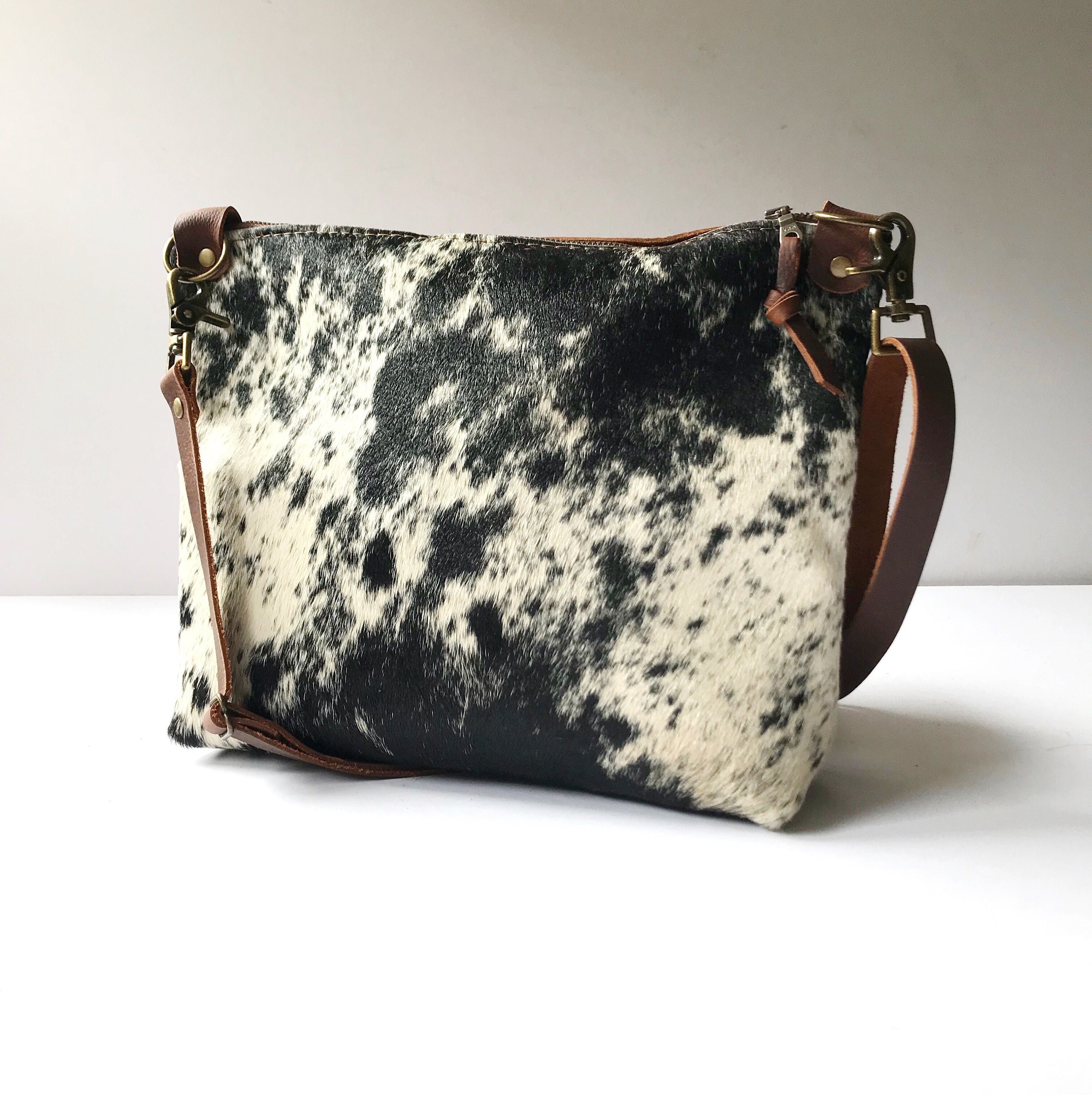 Handmade Cowhide Leather Zippered Cross Body Tote Bag Made in USA