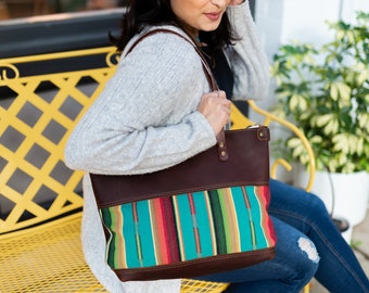 Brown Leather and Serape Panel Tote Boho Western Southwestern Style, Handmade in USA Genuine Leather, Multiple Patterns and Styles