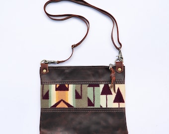 Small Leather Cross Body with Zipper - Wool Festival Stadium Market Bag Handmade in USA