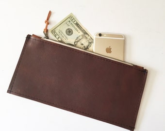Handmade Leather Wallet Pouch with Wristlet - Brown and Black Made in NC USA