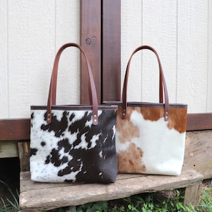 Cowhide Leather Tote Bag  - Handmade in USA  Southwest Style  Genuine Leather Tote, Capped Top