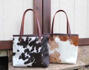 Cowhide Leather Tote Bag  - Handmade in USA  Southwest Style  Genuine Leather Tote, Capped Top