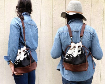 Convertible Cowhide Drawstring Bucket Bag Backpack Tote - Handmade in USA Genuine Leather -Brown or Black Leather Multiple Cowhide Options