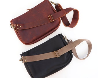 Leather Crossbody Zipper Bag - The Annie - Black Brown or Cowhide  Cross Strap  Handmade in NC USA