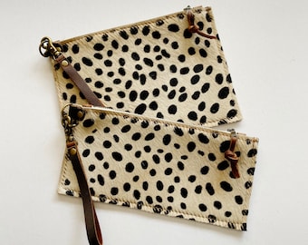 Cheetah and Leopard Leather Zippered Hide Pouch Wallet Wristlet and Clutch - Two sizes Made in USA