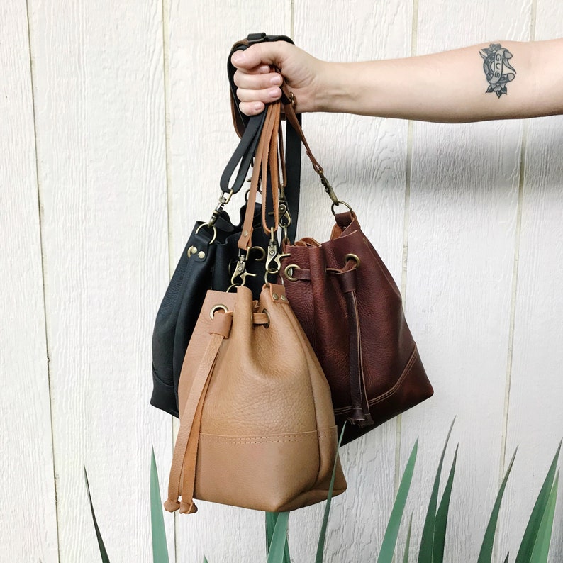 Drawstring Bucket Bag Tote Leather Bucket Bag Leather Drawstring Leather Bag Leather Tote Black Leather Camel Leather image 1