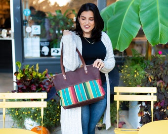 Handmade USA Brown Leather Boho Tote Bag with Serape and Yellowstone Accents - Western Inspired Southwestern Style