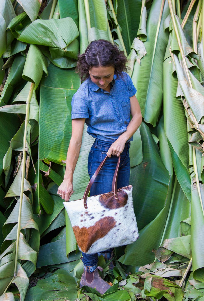 Handmade Cowhide and Leather Tote Western Ranch Cowgirl Style Made in USA Multiple Cowhide Colors image 7