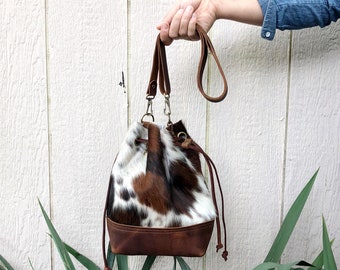 Handmade Convertible Bucket Bag Backpack Tote  Cowhide Leather  Western Southwestern Style  USA Made