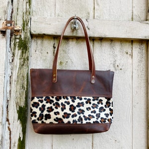 Leopard and Cheetah Panel Tote brown leather tote brown leather bag brown leather purse Animal Print Handmade in USA image 3