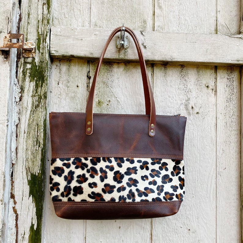 Leopard and Cheetah Panel Tote brown leather tote brown leather bag brown leather purse Animal Print Handmade in USA image 3