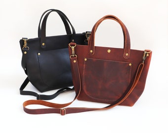 Handmade Leather Crossbody Tote - The Jane Zipper, Exterior Pocket, Multi Strap Options - Made in USA