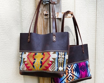 Leather and Wool Tote Bag  Yellowstone Western Southwestern Style Rustic Chic Handmade in USA
